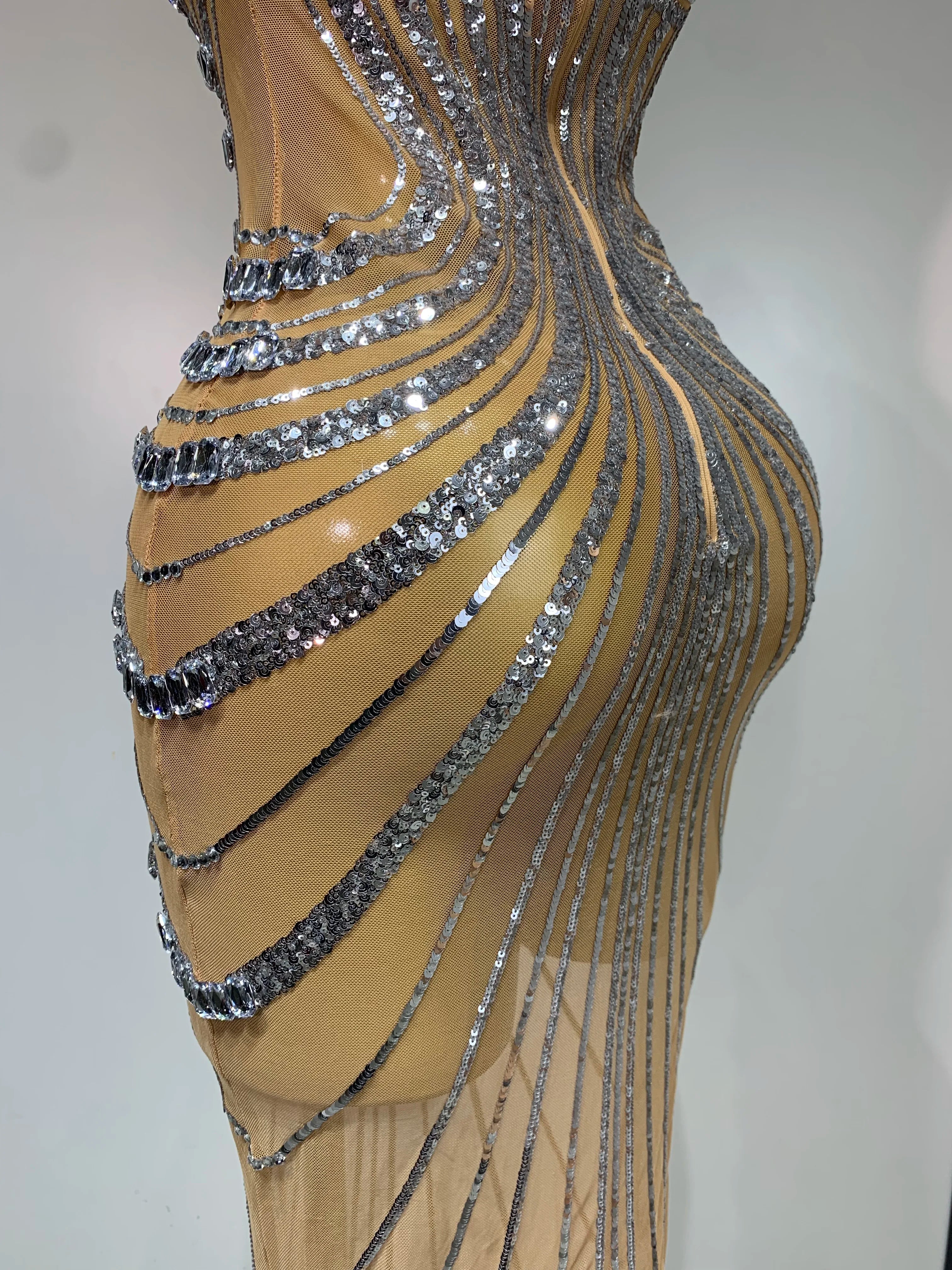 Sexy Silver Rhinestone White Mesh See Through Long Dress Women Luxury Birthday Party Prom Gown Singer Nightclub Stage Outfit