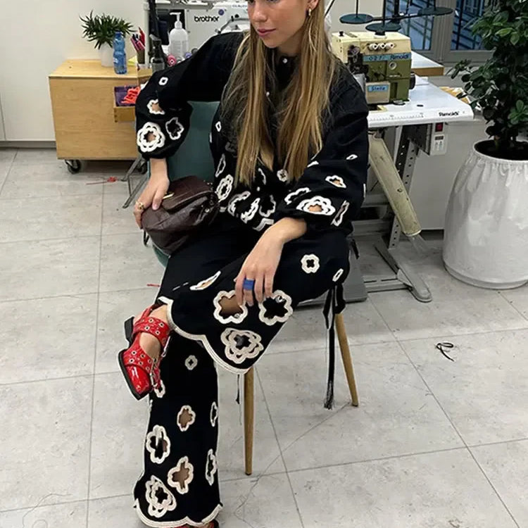 Spring Autumn Fashion Women Flower Hollow Out embroidery Pants Set Retro Lapel Long Lantern Sleeve Shirt Suit Streetwear