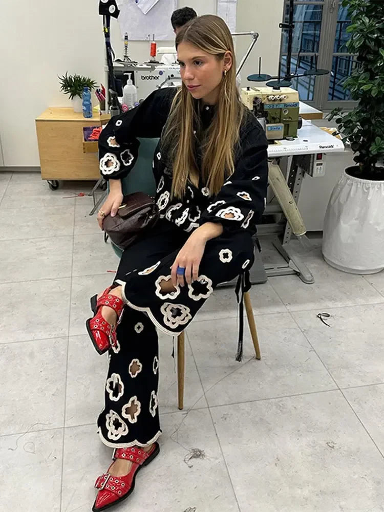 Spring Autumn Fashion Women Flower Hollow Out embroidery Pants Set Retro Lapel Long Lantern Sleeve Shirt Suit Streetwear