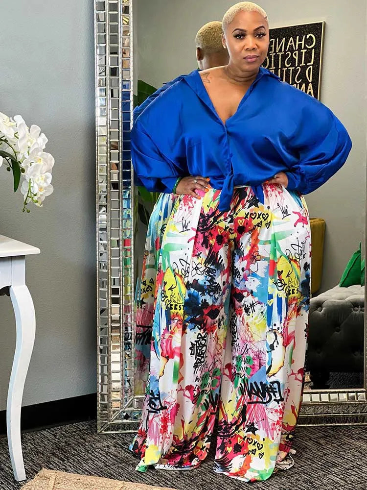 2piece Woman Outfit Streetwear Blue Silk Blouses Women Plus Size Autumn Top and Pants Suits 4xl Casual Female Pants Sets