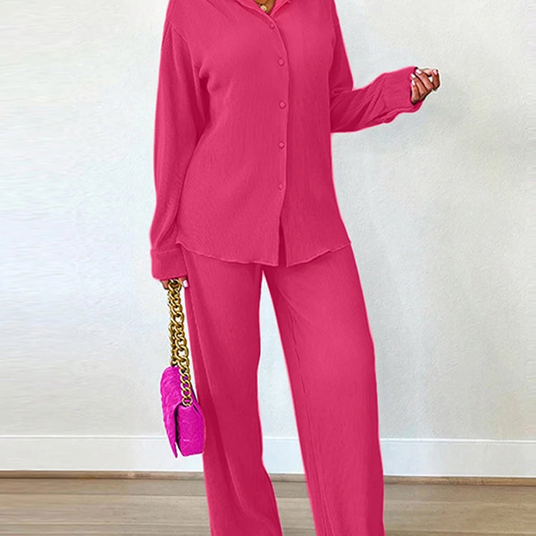 Plus Size 5XL VONDA Women Sets 2025 Autumn Casual Lapel Loose Two-Piece Suits Elegant Tops and Wide Leg Pants Matching Sets