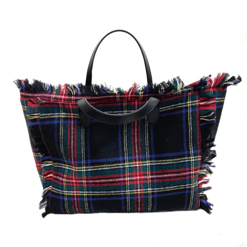 Tote Bags For Women 2024 New Luxury Handbags Embroidered Letter Spliced Triped Plaid Tassel Woolen Bag Fashion Large Bags