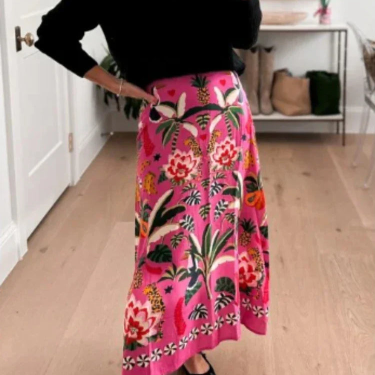 Spring/Summer New Street Tropical Plant Print Retro Half Skirt Women's Elegant Lower Half Colored Printed Half Skirt