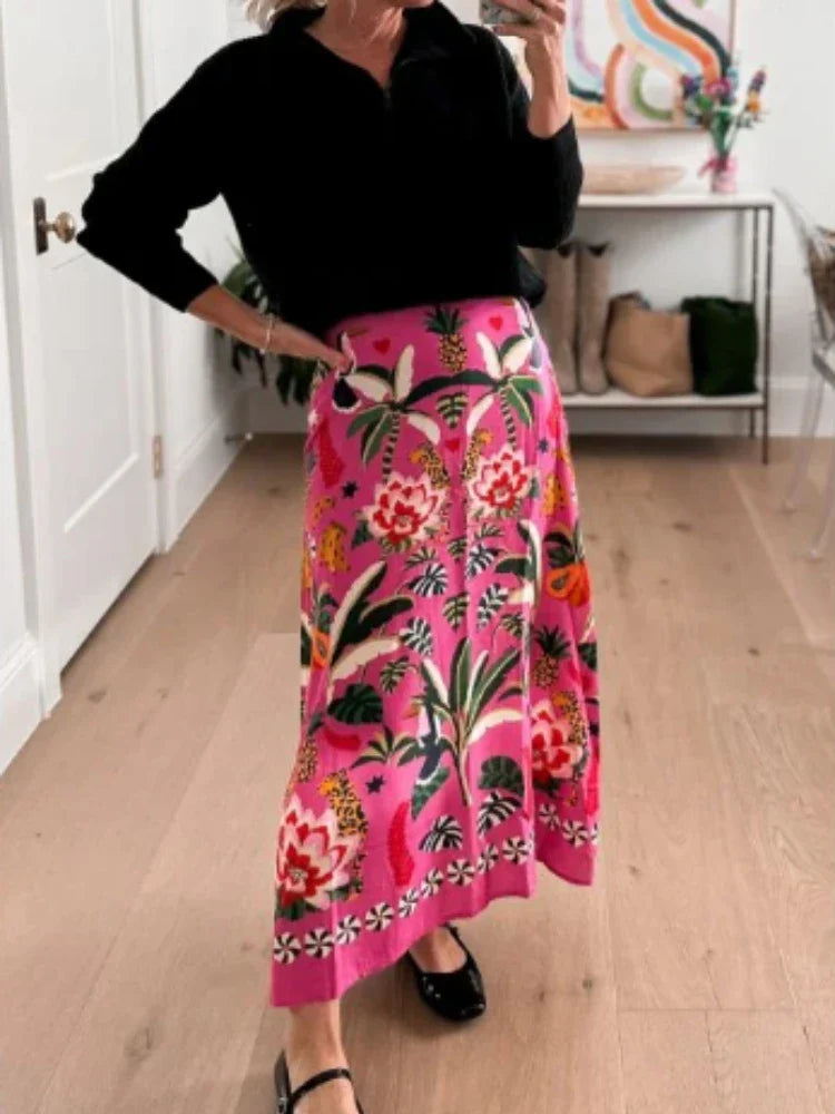 Spring/Summer New Street Tropical Plant Print Retro Half Skirt Women's Elegant Lower Half Colored Printed Half Skirt
