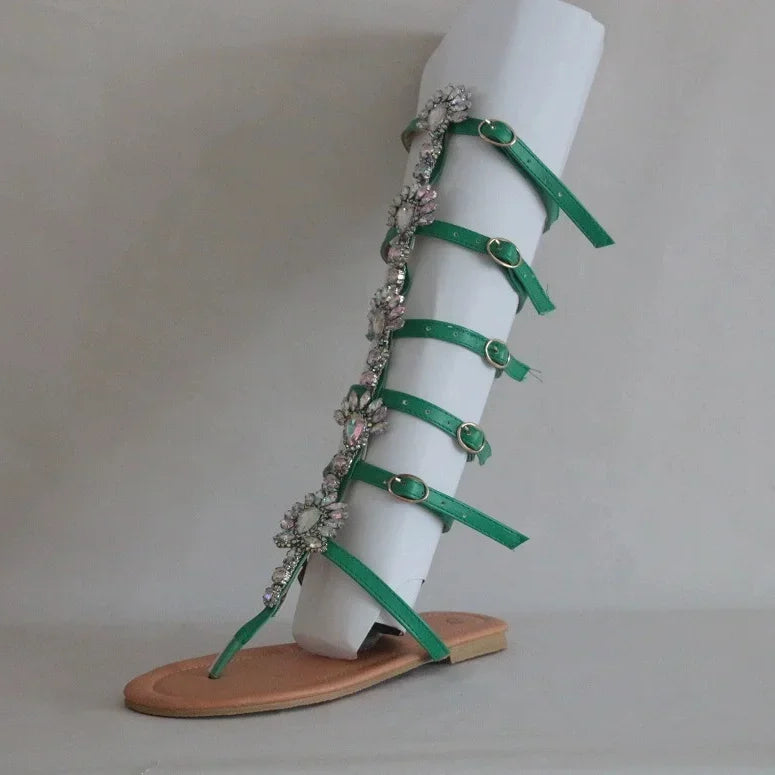 Flower Rhinestones Sandals Open Toe Flip Flops Gladiator Roman Women Bohemian Style Vacation Shoes Zapatos De Mujer Tacones