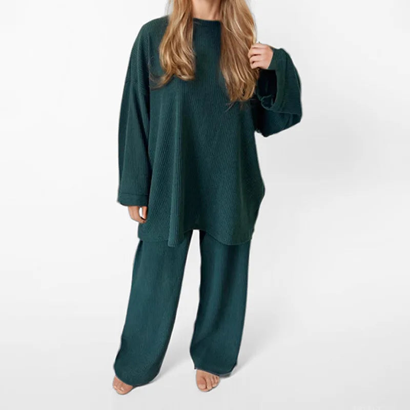 Autumn Winter Solid Color Corduroy Pants Sets Women Loose Long Sleeve Wide Legs Trousers Two Piece Set Female Commuting Clothing Green