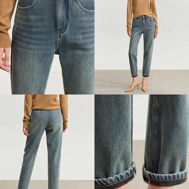 Minimalist Jeans For Women Winter Casual Pants Plus Fleece Thick Denim Ankle-length Narrow Foot Trousers
