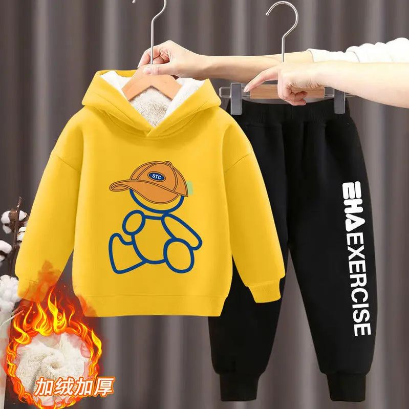 Boys Girls Clothes Hoodies Trousers Sets New Kids Cartoon Autumn Winter Long Sleeve Fleece Warm Sweatshirts Outfits 2Pcs 2-12Y 2pcs yellow A