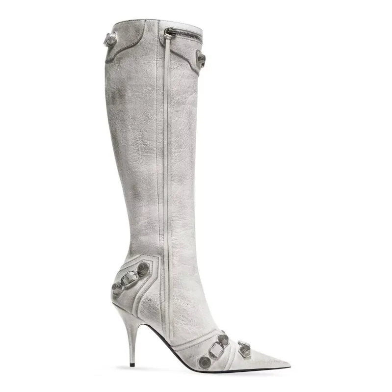 Paris Station Fashion Women's Boots Denim Pointed High Heel Boots Sexy Rivet Boots Vis fest over knæ 46 Store støvler