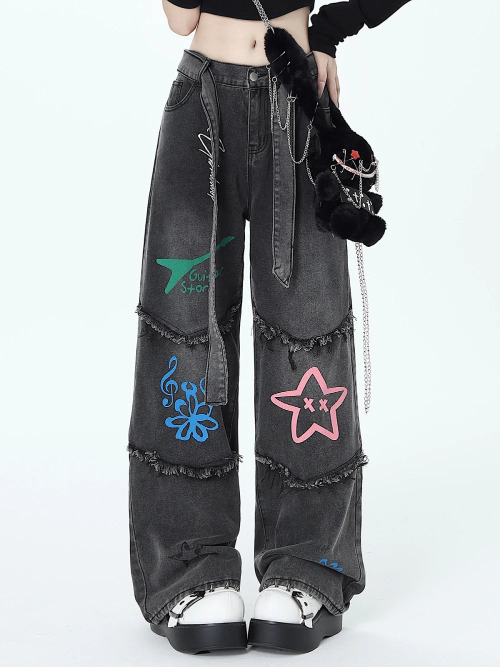 American Retro Graffiti Women's Jeans Autumn Winter Casual Star Jeans for Women Patchwork Women High Waist Y2K Pants with Belt
