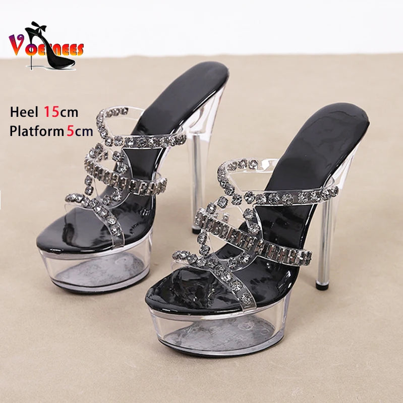 Luxury Rhinestone Crystal Slippers 15CM Thin Heel Lady Platform Slide Sandals Sexy Stripper Heels Summer Women Transparent Shoes
