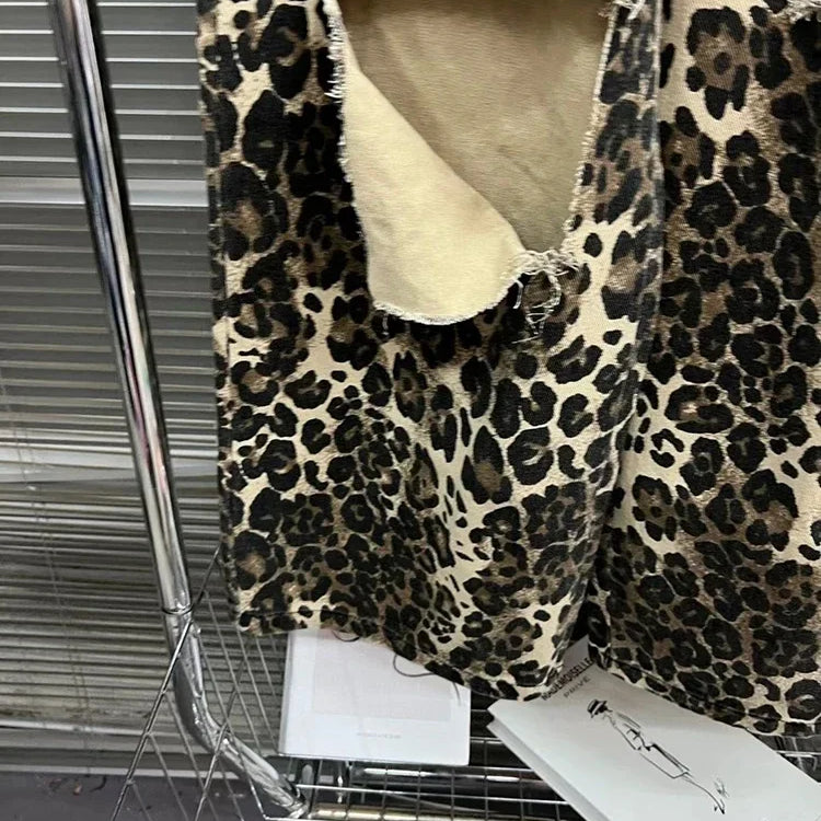 Ripped Hole Baggy Jeans for Women Wide Leg Denim Pants Leopard Print Fashion Streetwear Pants Oversized Straight Pants