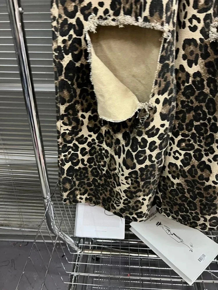 Ripped Hole Baggy Jeans for Women Wide Leg Denim Pants Leopard Print Fashion Streetwear Pants Oversized Straight Pants