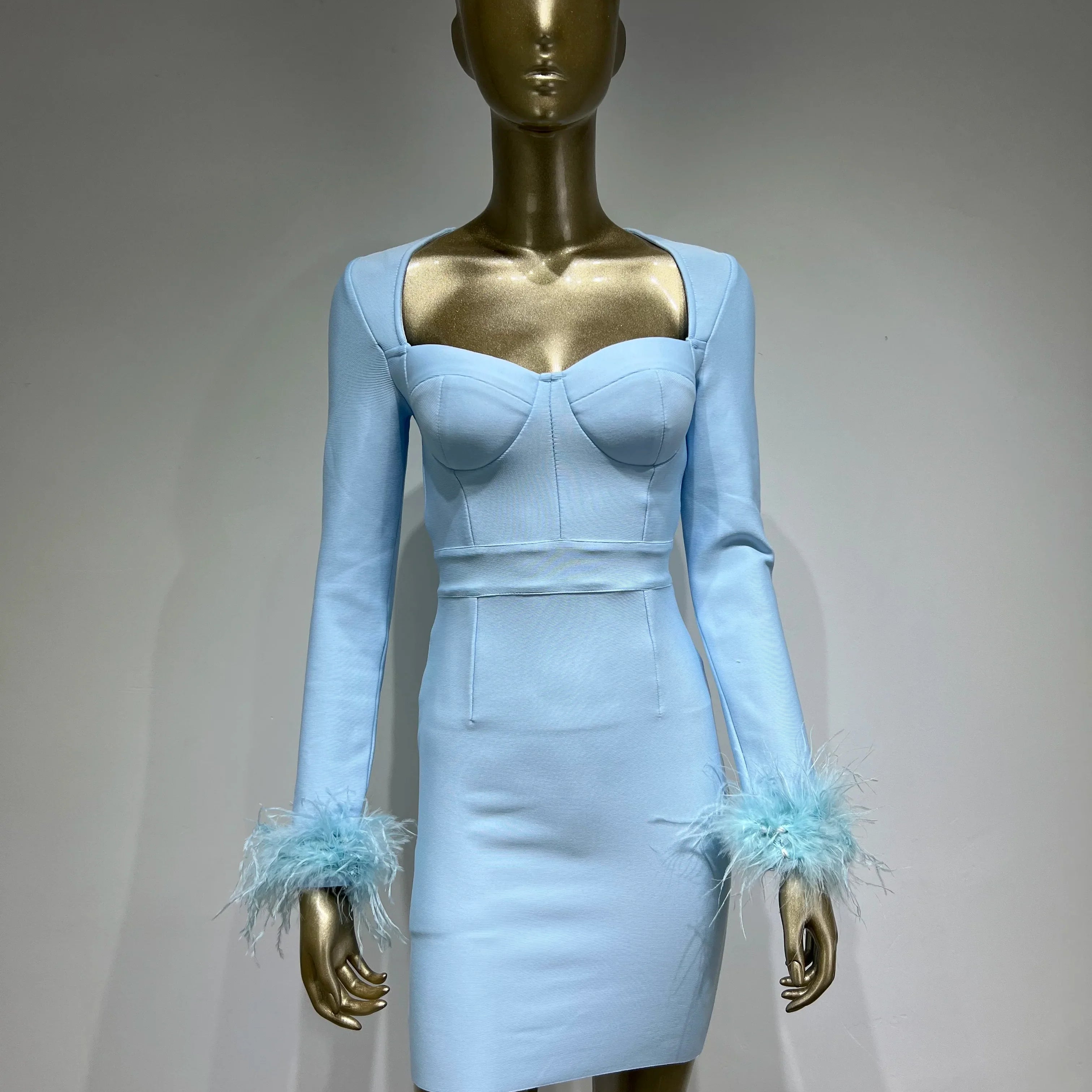 2022 New Winter Women Long Sleeve Square Collar Bodycon Mini Dress Feathers Rayon Bandage Fashion Elegant Evening Party Dress Sky blue