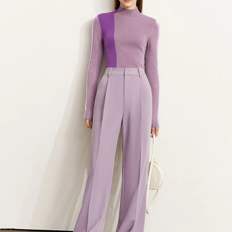 Minimalism Knitted Sweater Women Autumn All-match Slim Half High Collar Splicing Design Soft Clothing Tops Violet