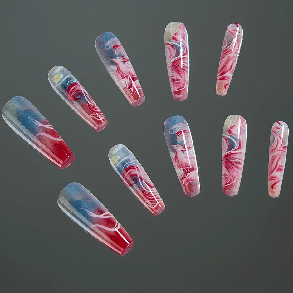 10Pcs/set Lucky Nine-tailed Fox Printed Chinese Style False Nails Long Press-on Acrylic Fakes Nails Adhesive Unique Design