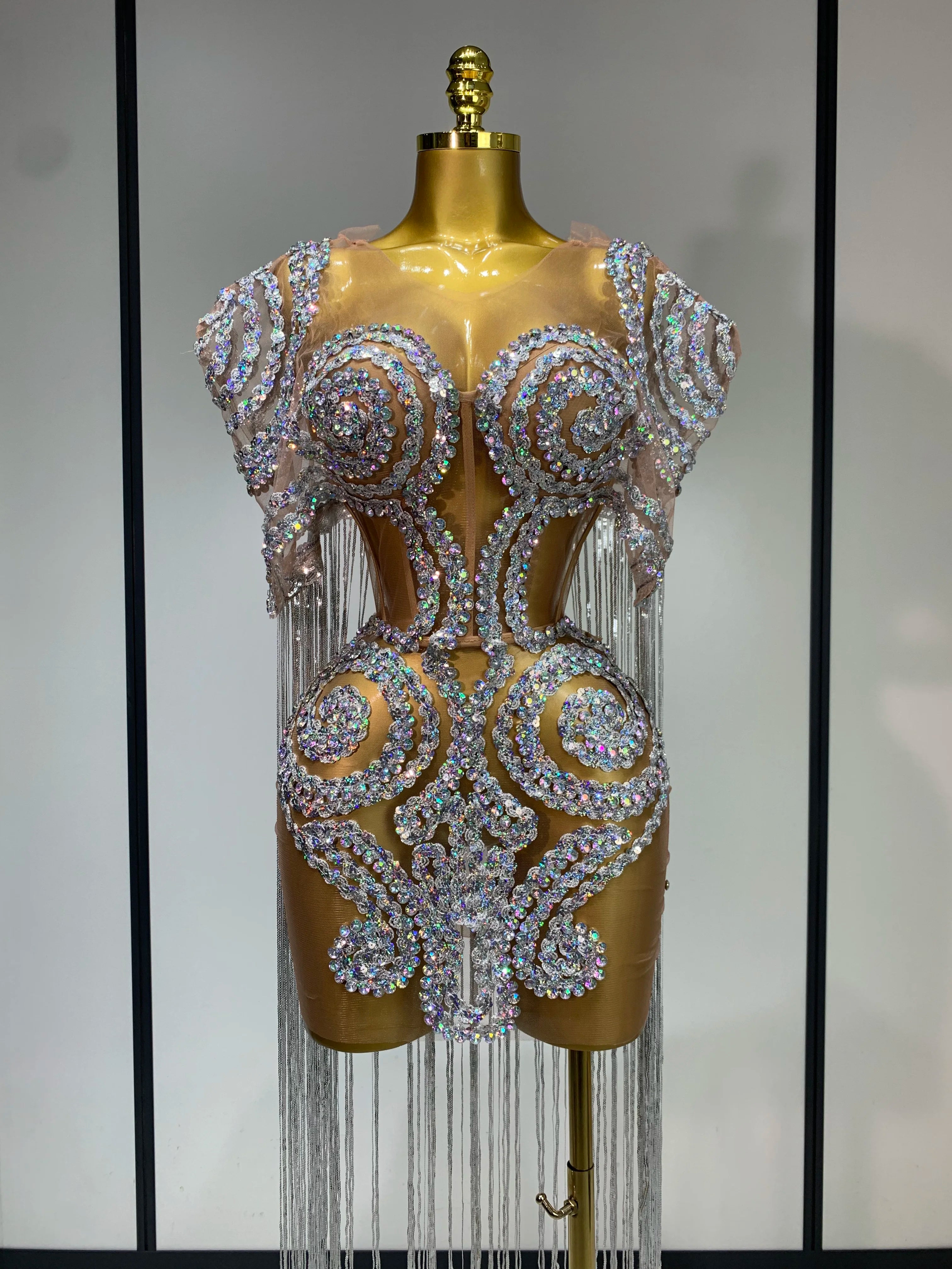 Sparkly Rhinestones Tassel Sexy Mesh Transparent Short Dress Women Evening Party Luxury Birthday Nightclub Singer Stage Costume