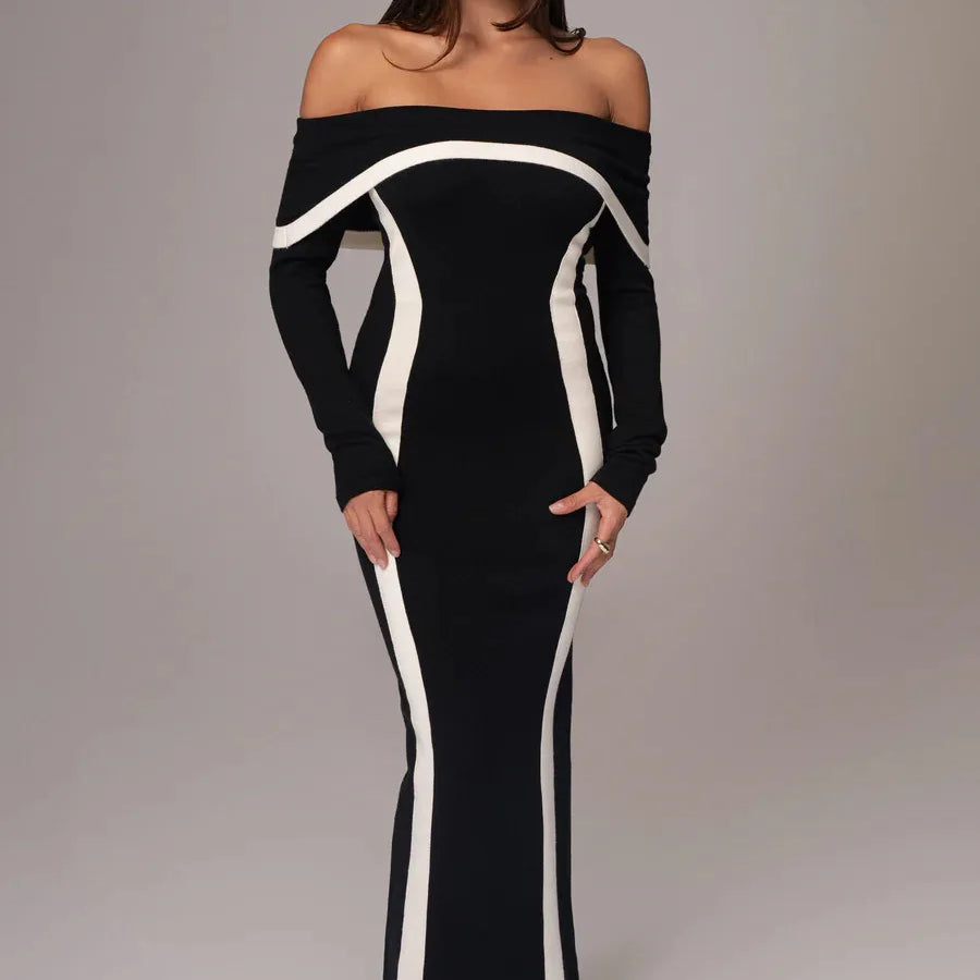 Vestido longo feminino, preto, marrom, manga longa, sexy, decote em V, ombro de fora, colado, bandagem, para festa à noite