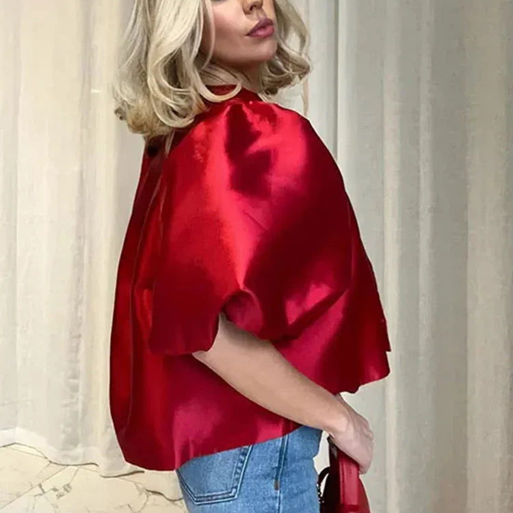 Satin Elegant Shirts Women White Lantern Short Sleeve O-neck Loose Female Blouses Spring Summer Lady Tops Chic Streetwear