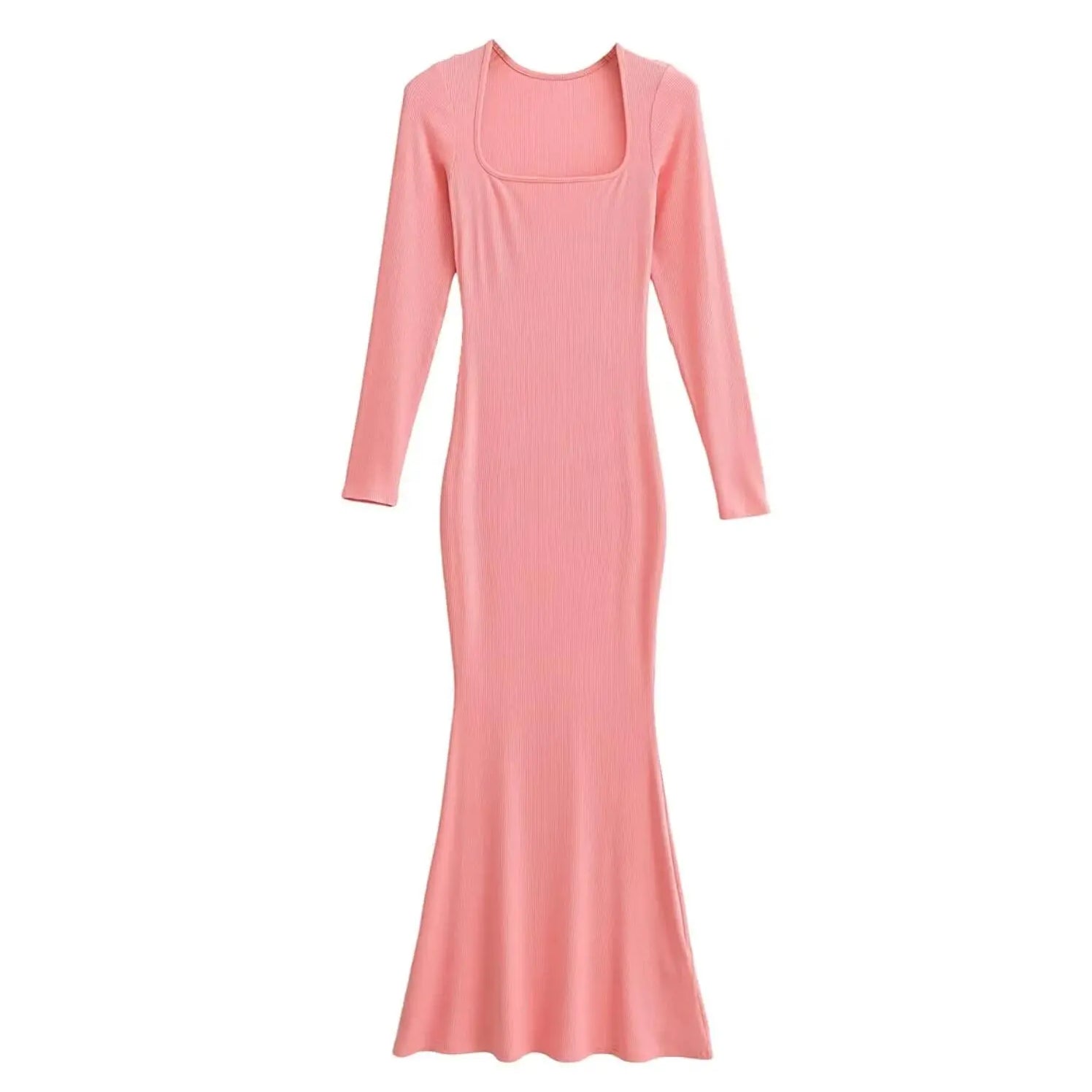 Sexy Square Collar Knitted Cotton Maxi Long Mermaid Dress Women Full Sleeve Stretch Basic Bodycon Fishtail Robe Vestido Pink