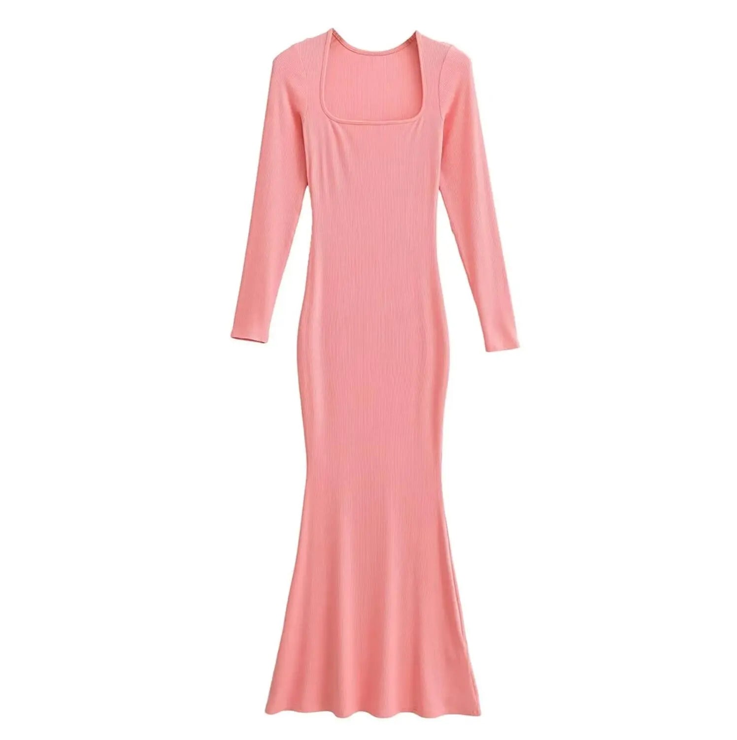 Sexy Square Collar Knitted Cotton Maxi Long Mermaid Dress Women Full Sleeve Stretch Basic Bodycon Fishtail Robe Vestido Pink
