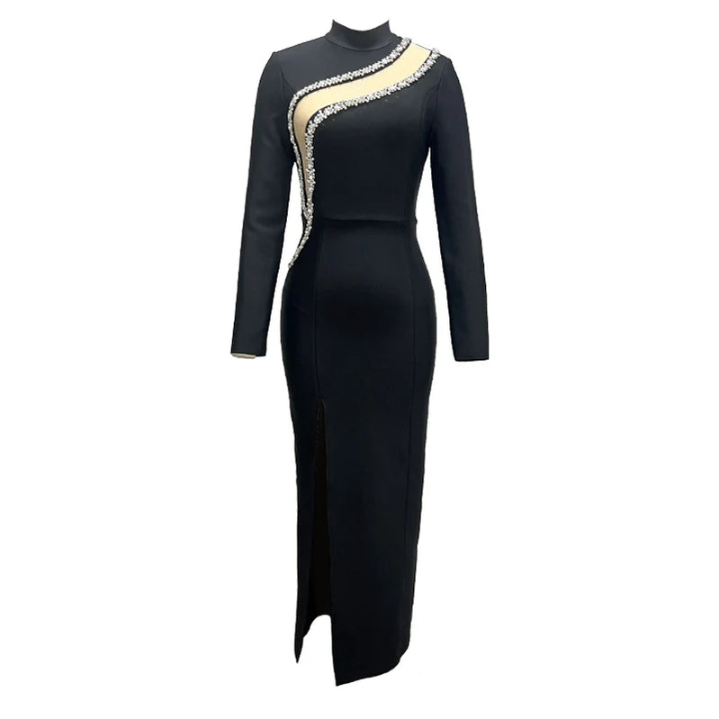 Black Color  Women Long Sleeve Shinning Crystal Bodycon Bandage Long Dress Fashion Evening Party Celebrate Dress