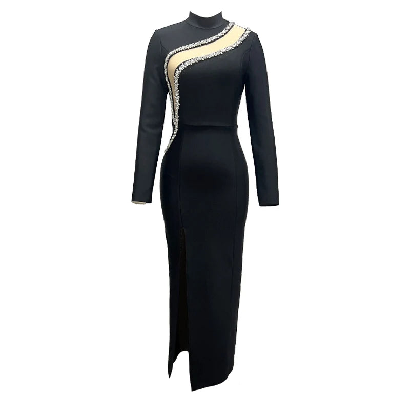 Black Color  Women Long Sleeve Shinning Crystal Bodycon Bandage Long Dress Fashion Evening Party Celebrate Dress