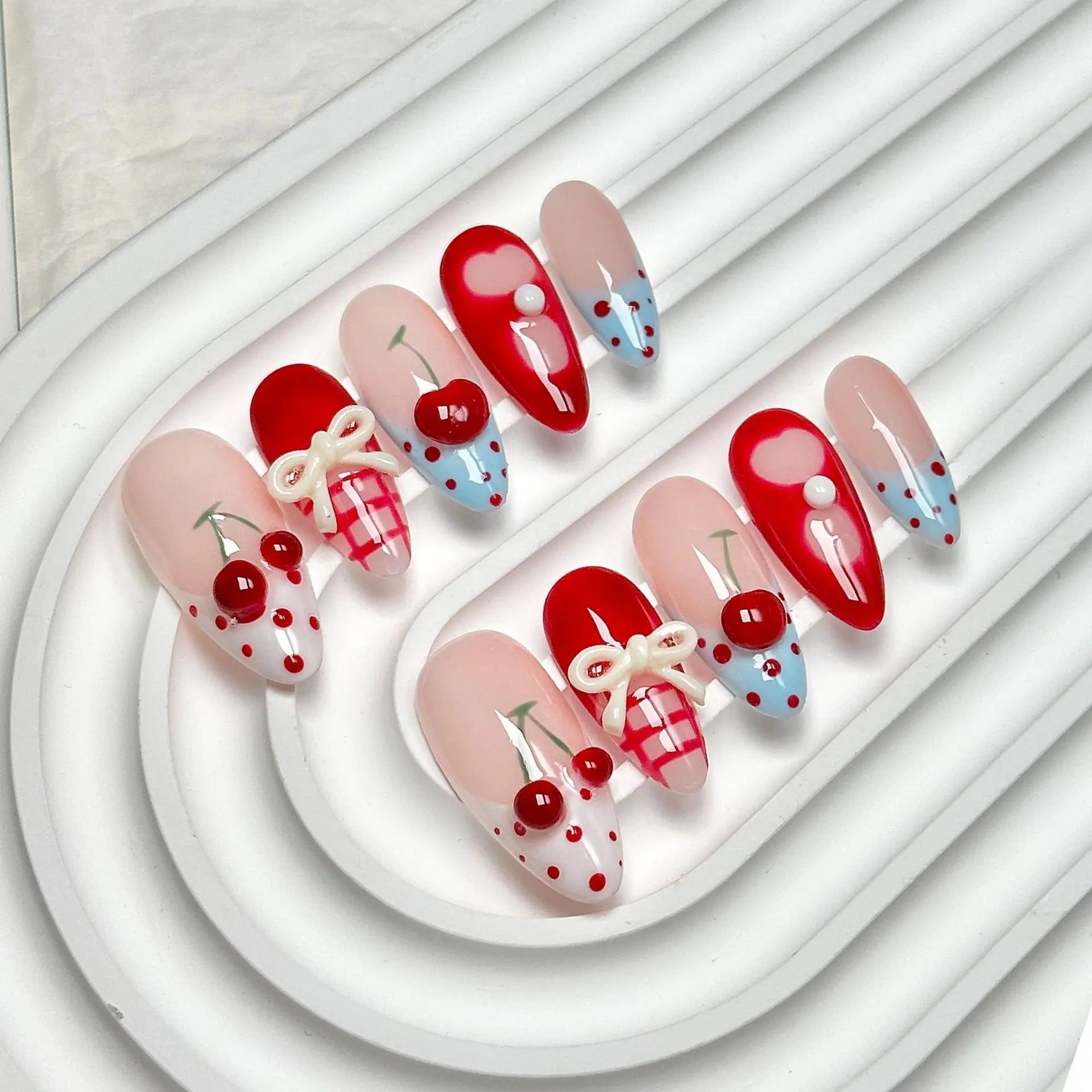 10pcs Red Handmade Fake Nails Tips Cherry Bow Design False Nails Sets Mid-length Oval Press on Nails Wearable French Manicure
