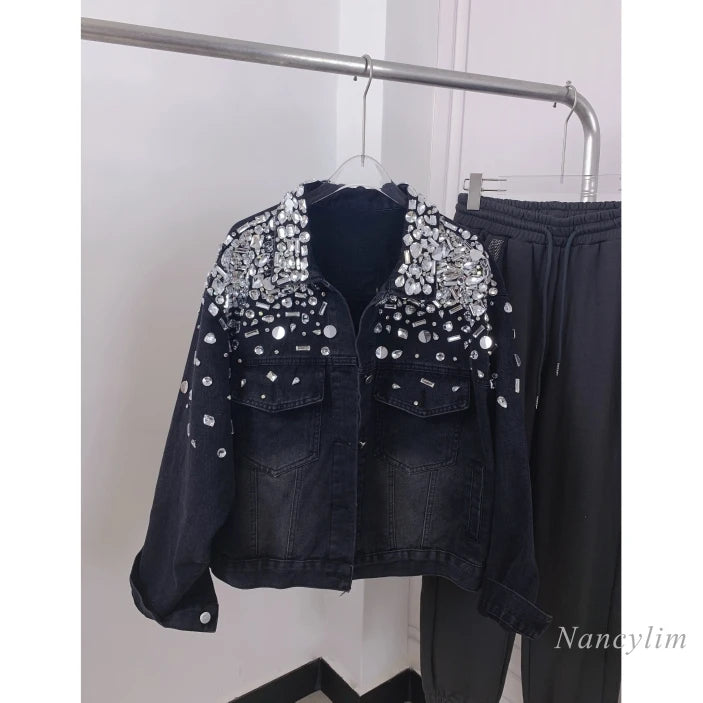 Studded Black Denim Jacket Woman Fashion Brand Designer Model Heavy Industry Rhinestone Beaded Sequins Street Diamond Jean Coat