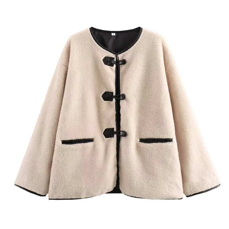 Autumn and winter western style, age-reducing round neck jacket, fashionable warm fur top off white