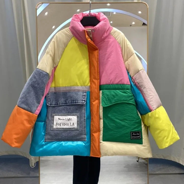 Büyük boy kot eklenmiş ceket kadınlar büyük cepler kışlık fermuarlı patchwork puffer ceket yüksek kaliteli rüzgar geçirmez kalıniş