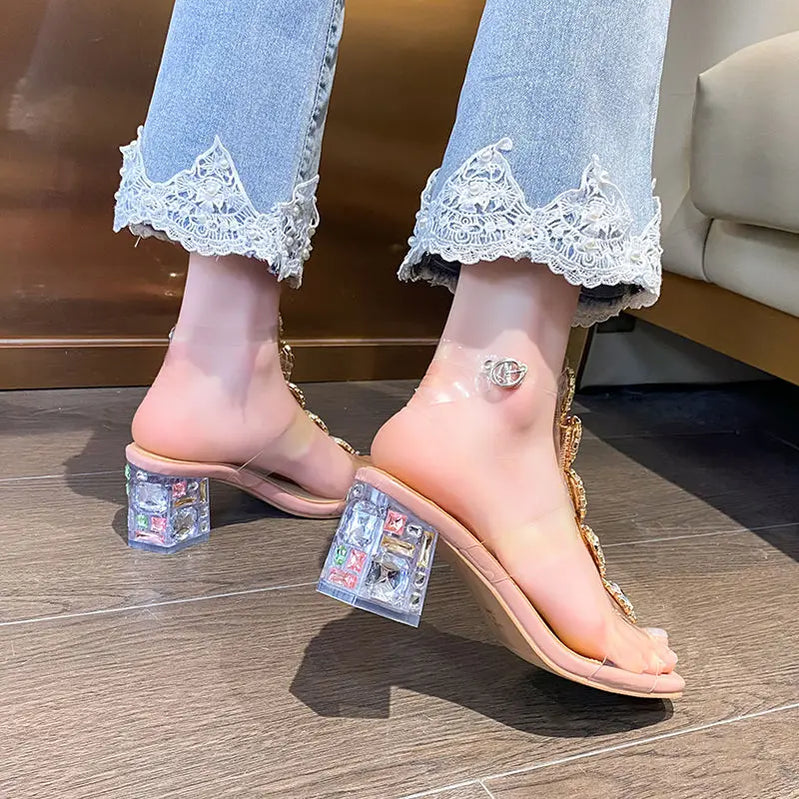 Plastic Sandal Block Heels Summer Sale Of Women's Shoes Suit Female Beige Buckle Strap All-Match Transparent Chunky Fashion