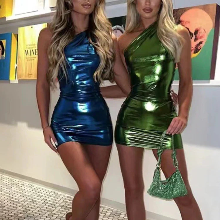 TARUXY Silver PU Mini Dress Womens Bodycon Sexy Sleeveless High Waisted Sheath Dresses Party Fashion Slim Dress Women New