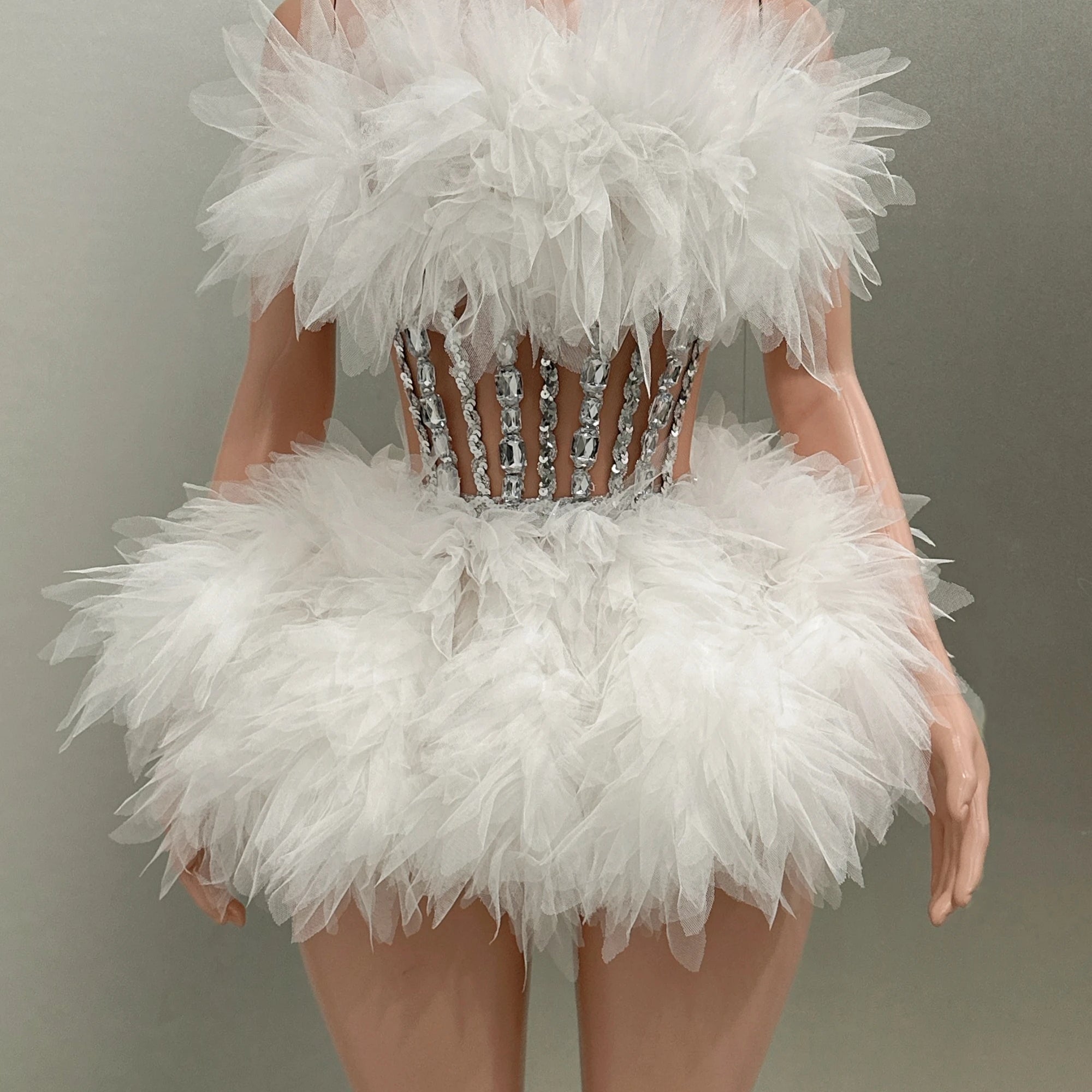 Hot Sale Women Sexy Mesh Ruffles Ball Gown Mini 2 Pieces Dress Lace-up Crystal Birthday Party Celebrate Nightclub Wear