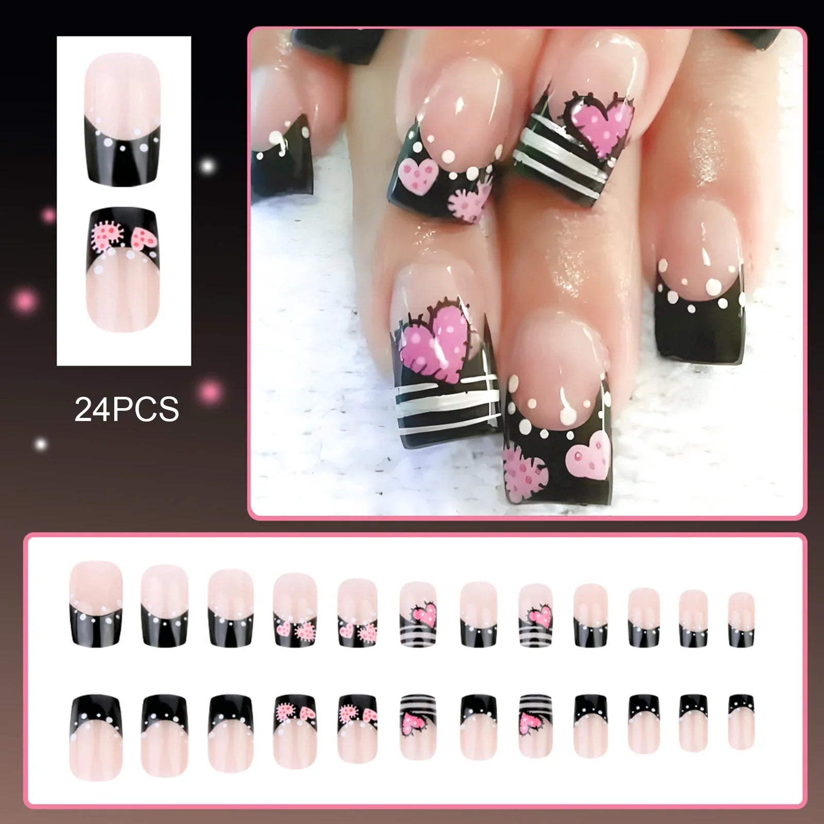 Y2K Girls Black French Fake Nails 24Pcs Short Square Press On Nails Pink Love Heart/Dot Printed Valentine's Day Charm Manicure