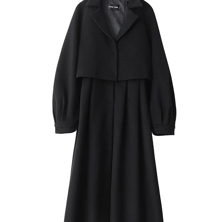 Autumn Winter Long Flowy Luxury Vintage Black Warm Thick Woolen Coat Women Luxury Designer Fake 2 Pieces Clothes 2023