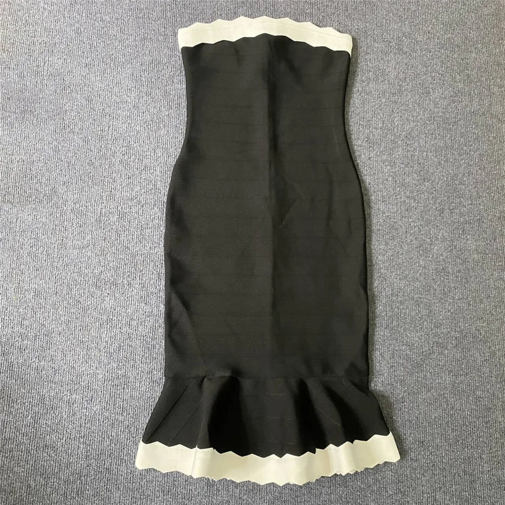 Black Color Women Sleeveless Sexy Strapless Bodycon Mermaid Bandage Mid-calf Dress Nightclub Party Birthday Cocktail Dress
