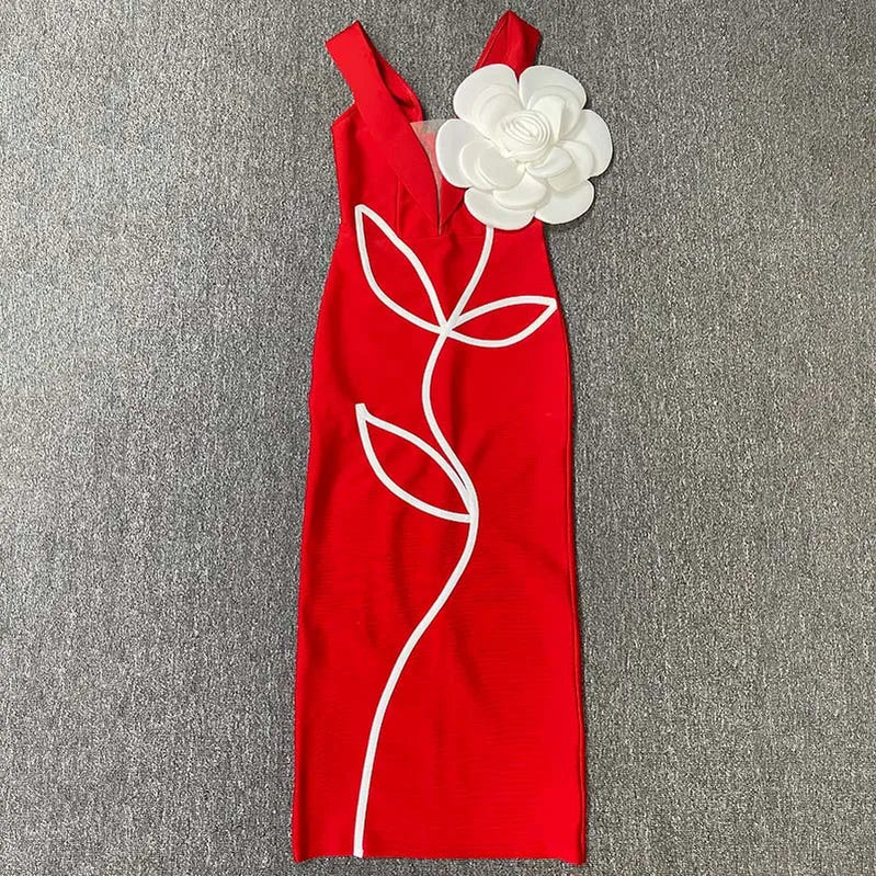 Black Red Color Women Sexy Strapless Big Flowers Bodycon Bandage Long Dress Celebrate Birthday Vacation Cocktail Dress Wholesale