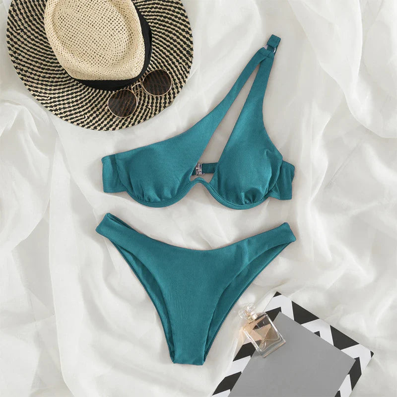 Sexy Push Up Bikini Set Women Cut Out Swimsuit Summer One Shoulder Swimwear Female Bathing Suit Beachwear Lady High Waist Bikini blue