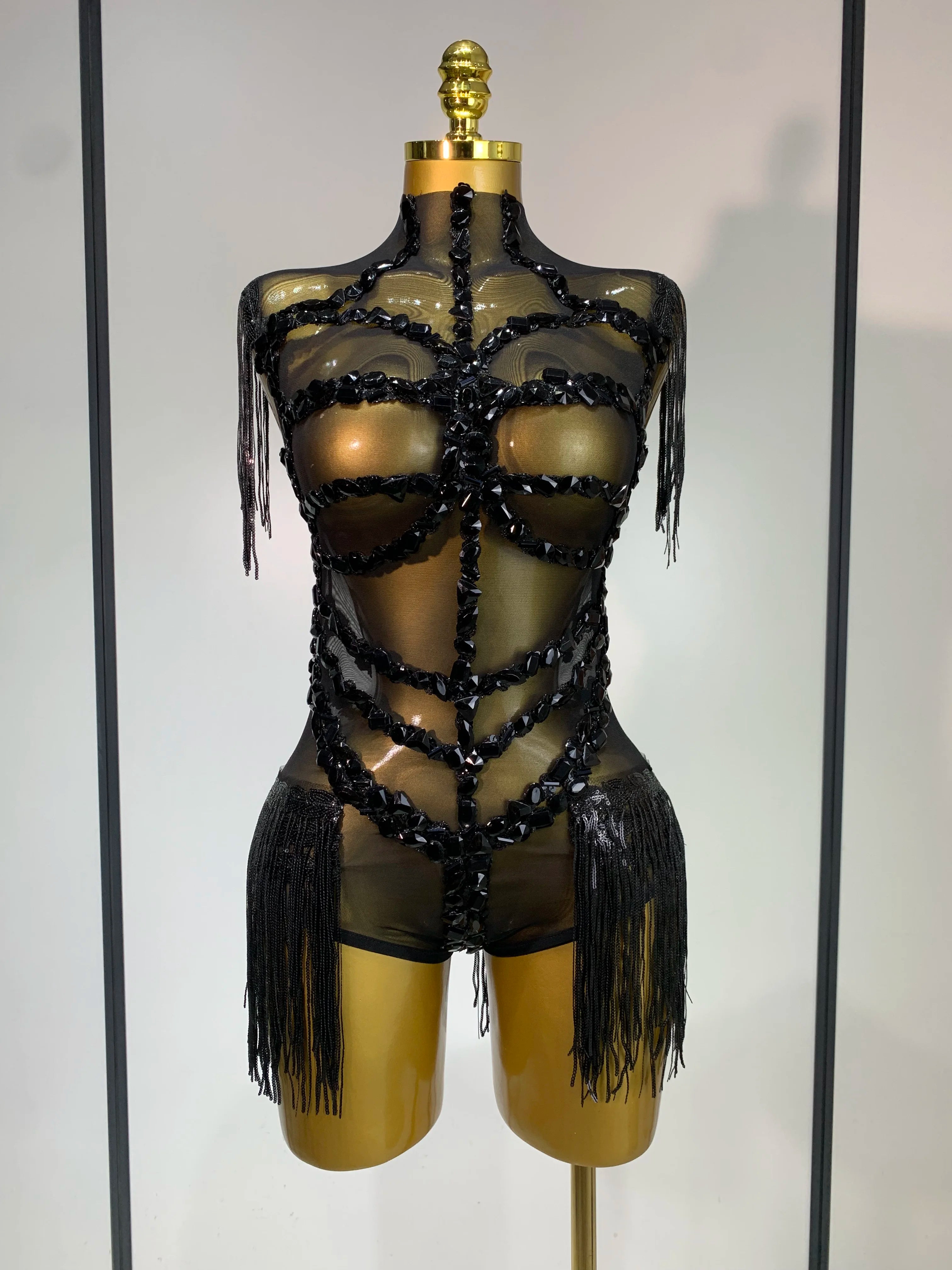Sexy Mesh SeeThrough Black Rhinestone Bodysuit Singer Dancer Show Stage Outfit Celebrate Birthday party Club Performance Waer