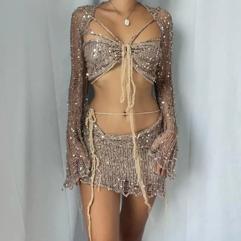 Sequins Knitted Hollow Out Two Piece Set Women Long Sleeve Cropped Top Midi Bodycon Skirt Summer Chic Beach Female Outfits Khaki
