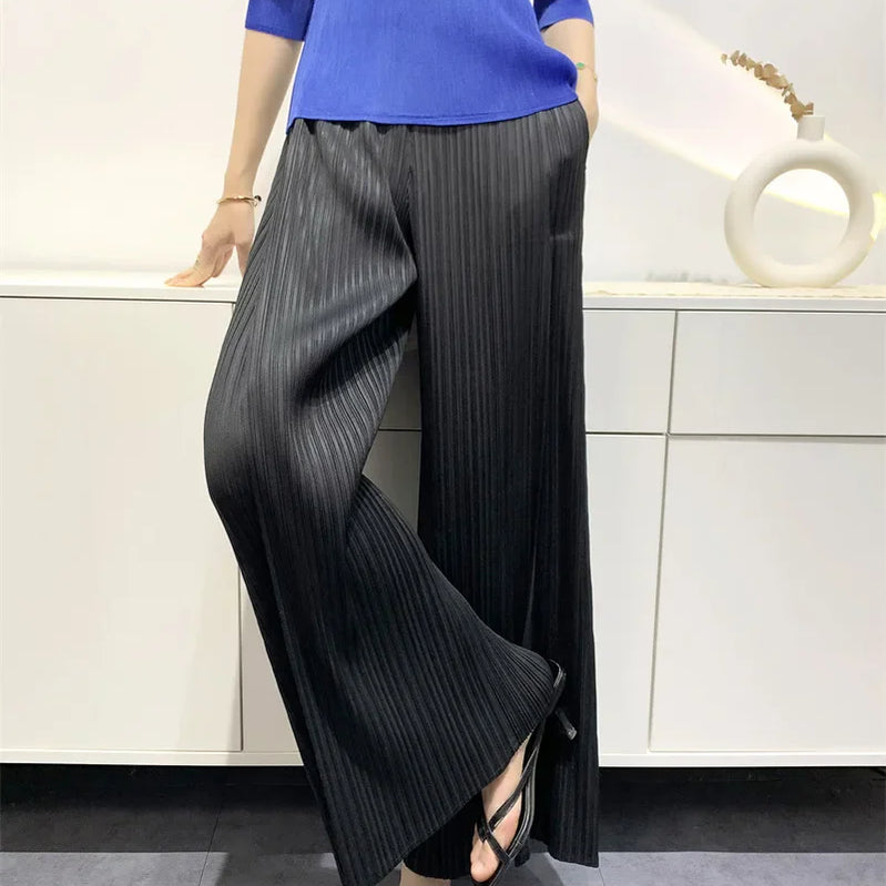 Summer Pants Women Hitching Piece Comfortable Casual New Loose Straight Pants Wide Leg High Waist Thin Pleated Pants Black One Size