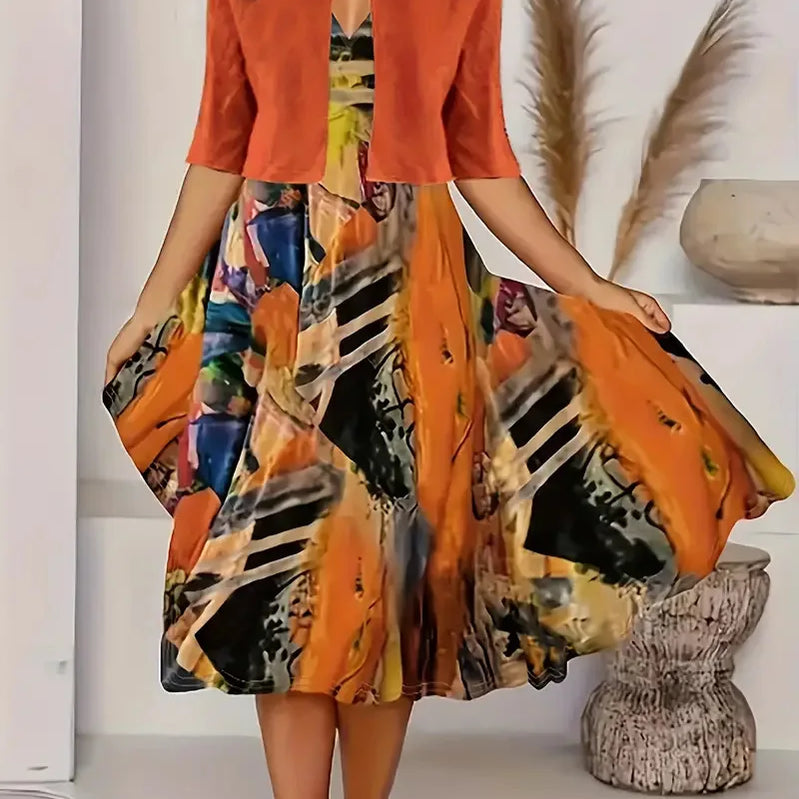 Été 2024 ! Ensemble 2 robes longues pour femme, couleurs EU-US : robe ras du cou à imprimé floral et herbe et manteau court en mousseline.