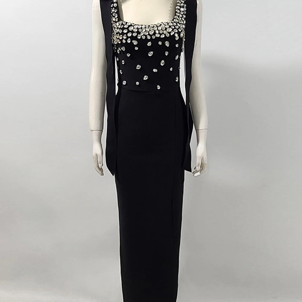 Ladies Sparkling Luxury Diamond Spaghetti Strap Backless Design Sleeveless Sexy Maxi Bandage Dress Celebrity Evening Party Gowns