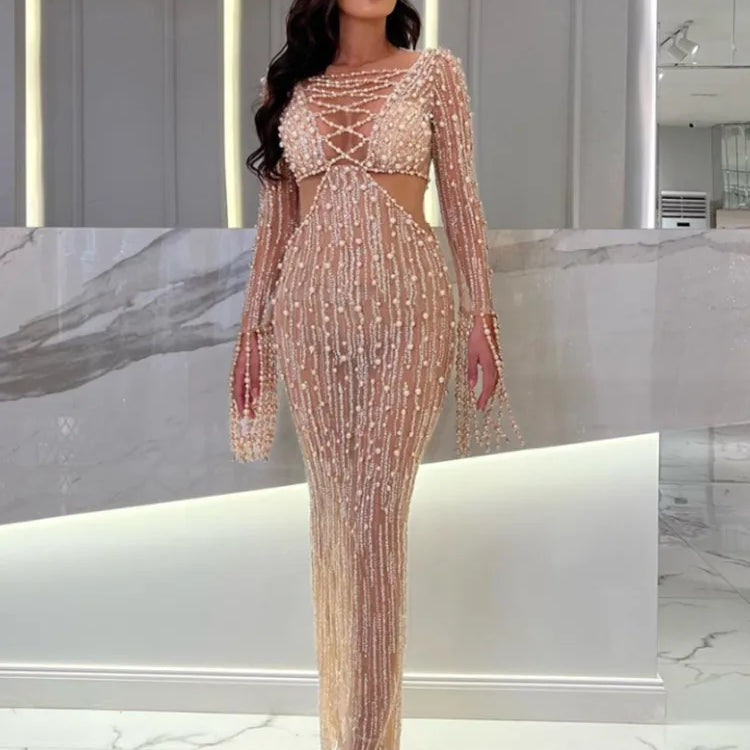 Elegant Evening Party Dress Women Long Sleeve Pearl Beading Bodycon Long Maxi Dress Birthday Party Cocktail Prom Dress