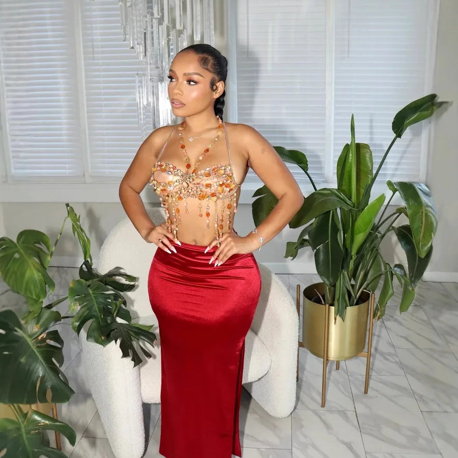 CM.YAYA Vintage Women Satin Bodycon Long Pencil Maxi Long Skirt 2025 Summer Sweet Holiday Beach Street INS Fashion OL Skirts red