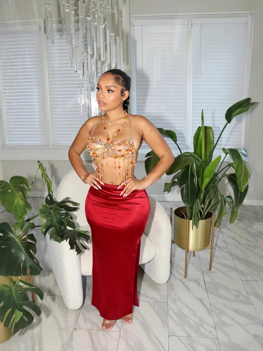 CM.YAYA Vintage Women Satin Bodycon Long Pencil Maxi Long Skirt 2025 Summer Sweet Holiday Beach Street INS Fashion OL Skirts red