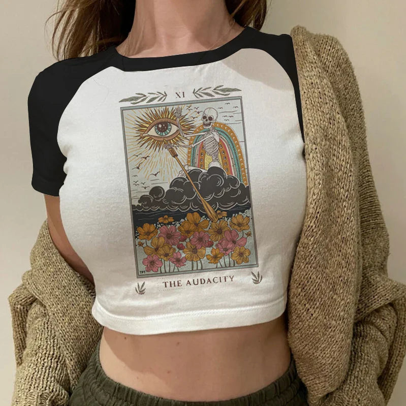 Lady Fashion Women Short Sleeve Summer Harajuku Crop Top Clothes Tshirt Female Tarot Print Cute Lovely Casual Aesthetic T-Shirt R021