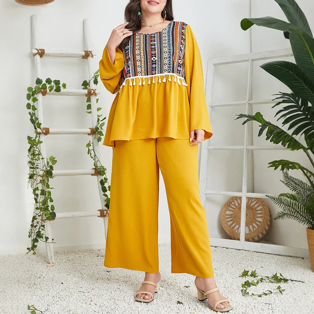 Plus Size Rafiah Women's Summer Sets Graphic Print Tassel Long Flare Sleeve Round-Neck T-Shirt Wide Leg Pant Casual Sets