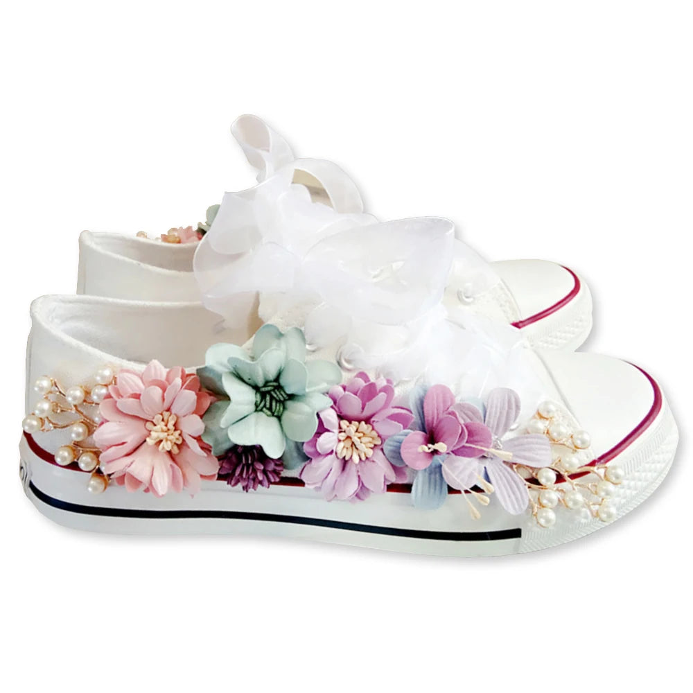 Korean Fantasy 7 Color DIY Flowers Vulcanized Shoes Pearl Hand-Made Designer Women's Rhinestone Platform Canvas Shoes